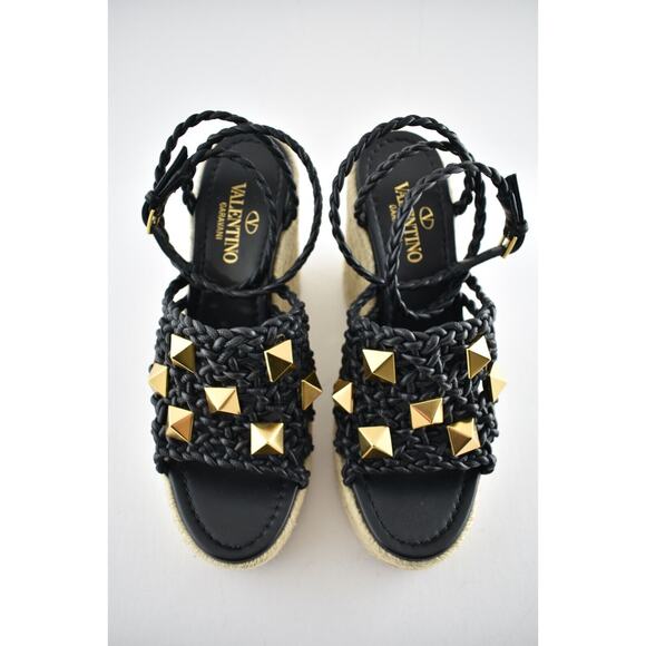 Valentino Rockstud Roman Stud Black Leather Espadrille Wedge Lace Up Sandal 40 - Picture 6 of 10